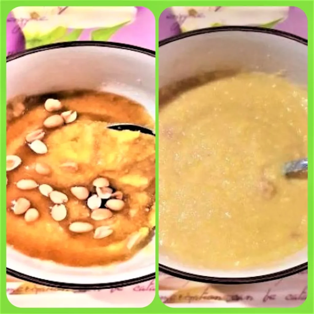 MiGold Gari Pudding in two bowls one with peanuts and honey and one without.