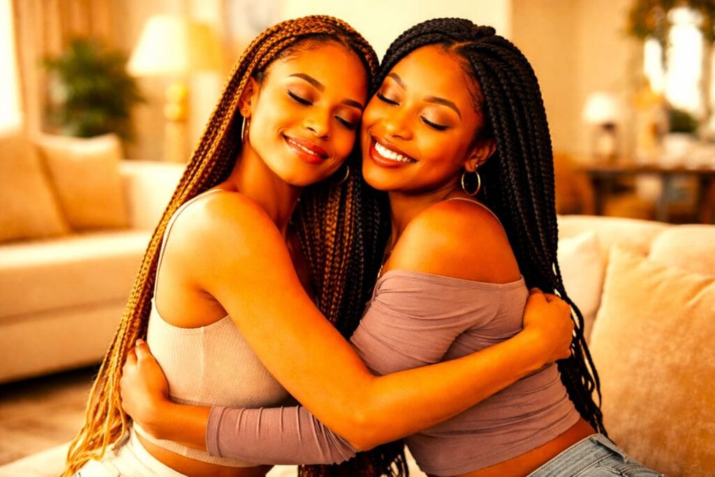 Two beautiful ladies in an embrace.