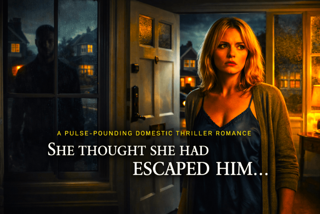 A woman standing alone in a dimly lit house. Door slightly open behind her.