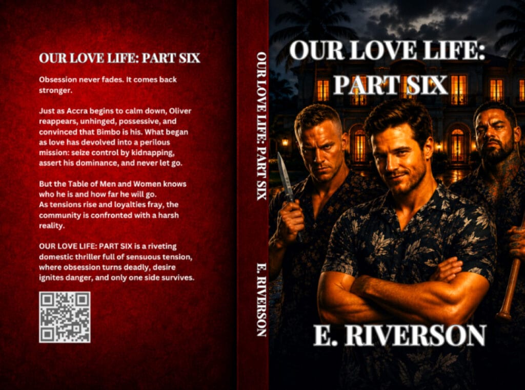 Three aggressive-looking men in a pose in E. Riverson's domestic thriller novel.