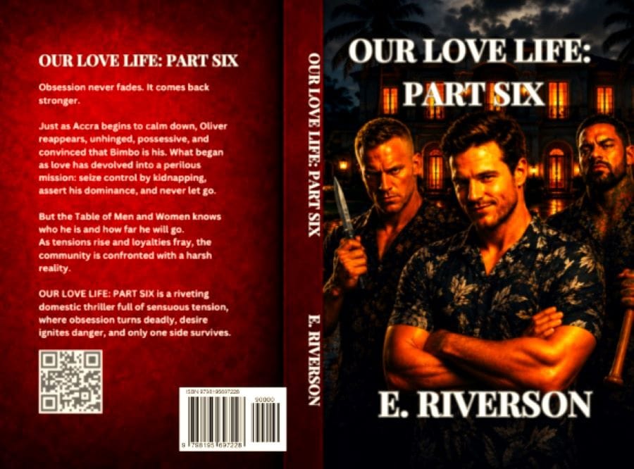 Three aggressive-looking men in a pose in ERiverson's domestic thriller novel.