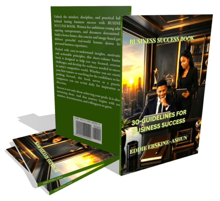Business Success Book by Eddie Erskine-Ashun, showcasing a dark blue back cover with summary text and a front cover featuring two professionals in a high-rise office at sunset.