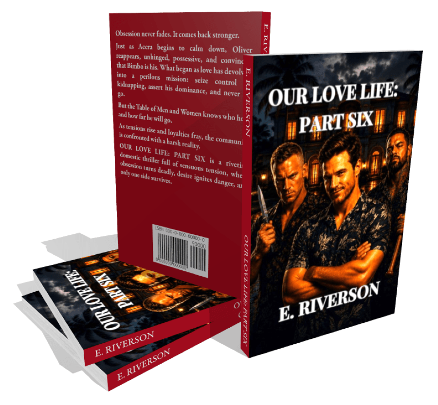 Three aggressive-looking men in a pose in ERiverson's domestic thriller novel.