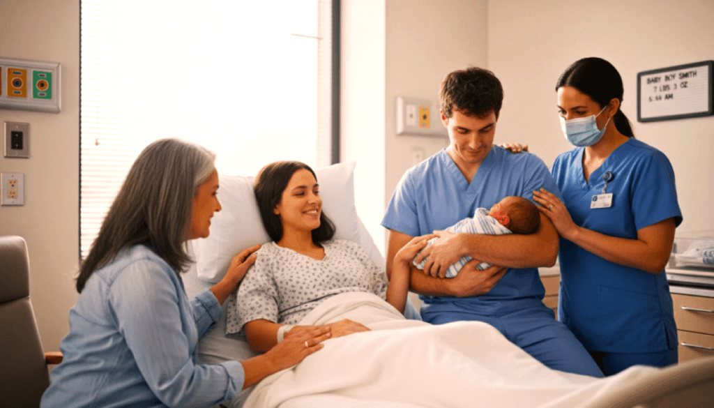 A man is carrying his newborn baby in the hospital while the mother lies on the bed, and a nurse along with the baby's grandmother stands nearby.
