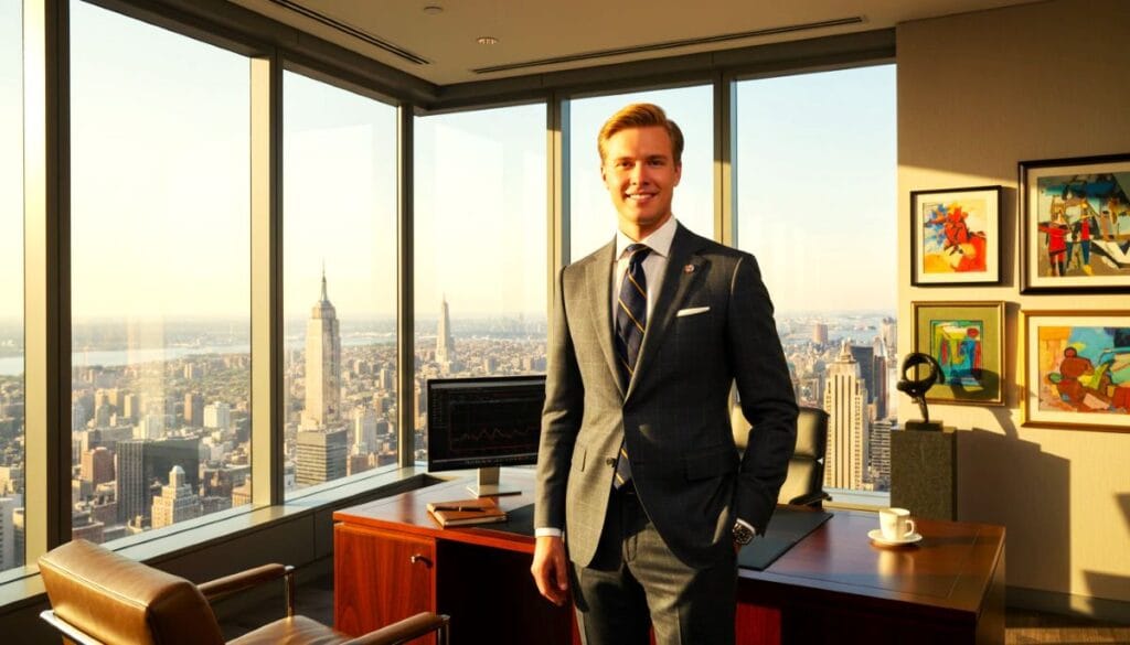 A gentleman wearing a suit in a high-rise office in New York City. The Ultimate Haven.