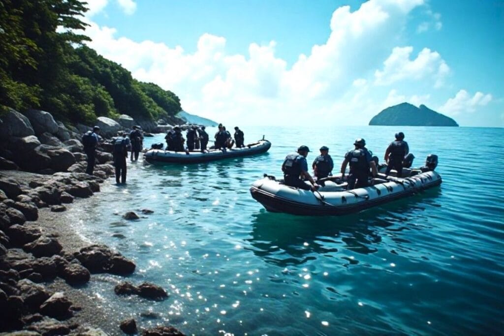 Two police patrol boats landing on The Ultimate Haven Hotel Island.