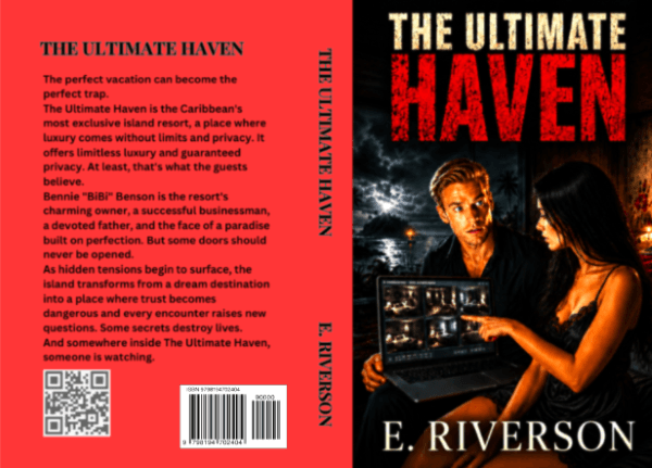 The Ultimate Haven Book Cover in redish color with the blurb, QR and Bar codes at its back cover.